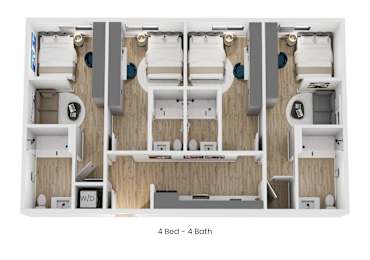 Four bedrooms with four bathrooms are shown in this image.