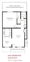 A floor plan of a one bedroom apartment with one bath.