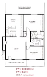 A floor plan of a two bedroom, two bath apartment.