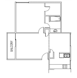 A floor plan of a room with a balcony on the left side.