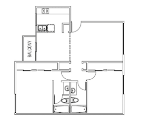 A floor plan of a house with a balcony.