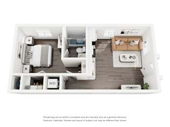 A floor plan of a small apartment with a kitchen, living room, and bathroom.