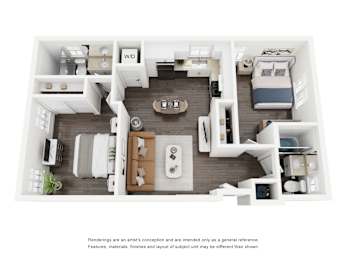 A floor plan of a small apartment with a kitchen, living room, and bedroom.