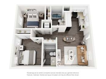 A floor plan of a house with a living room, dining room, kitchen, and two bedrooms.