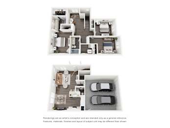 A floor plan of a house with two bedrooms, a living room, a kitchen, and a garage.