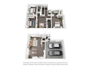 Two images of a house layout, one from above and one from below.