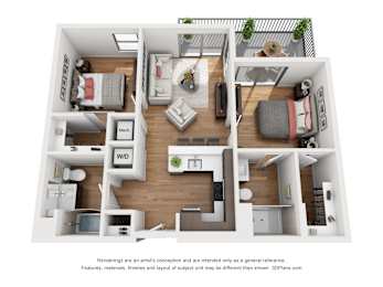 A 3D floor plan of a small apartment with a kitchen, living room, and bedroom.