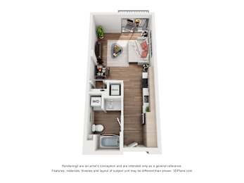 A floor plan of a small apartment with a kitchen, living room, and bathroom.