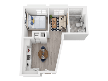 a 1 bedroom floor plan with a bathroom and a living room