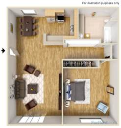 A top-down view of a living room with a couch, coffee table, and television.