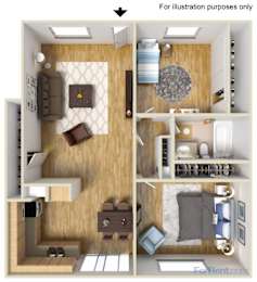A four-panel illustration shows a variety of room layouts for a small apartment.