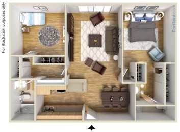 A top-down view of a room with a bed, a couch, a table, and a chair.