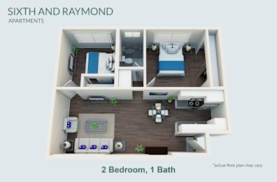 A floor plan of a small apartment with two bedrooms and one bathroom.