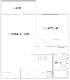 A floor plan of a house with a patio, living room, bedroom, and bathroom.