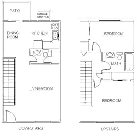 A floor plan of a two-story house with a patio, kitchen, dining room, living room, and two bedrooms.