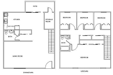 A floor plan of a house with a living room, kitchen, bath, and bedrooms.