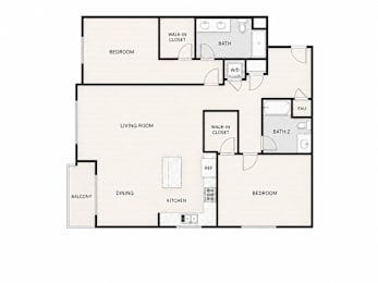 A floor plan of a house with a living room, dining room, kitchen, two bedrooms, a bathroom, a walk-in closet, and a balcony.