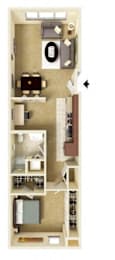 Floor Plan  A floor plan of a one-bedroom apartment with a den, kitchen and living room