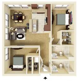 Floor Plan  A top down view of a two bedroom apartment layout with a living room, kitchen, and bathroom