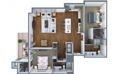 2 bedroom floor plan in 3d at Elevation San Tan, Arizona