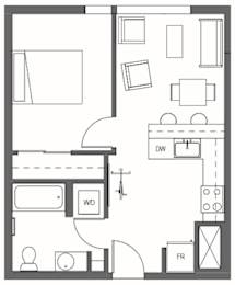 A floor plan of a house with a kitchen, living room, and bathroom at Decibel on 12th, Seattle, Washington