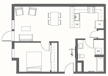 A floor plan of a house with a kitchen, living room, dining room, and bathrooms at Decibel on 12th, Seattle, Washington