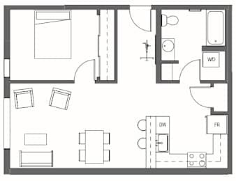A floor plan of a house with a kitchen, living room, and bathrooms at Decibel on 12th, Seattle, Washington