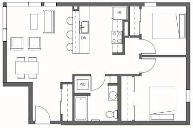 A floor plan of a house with a kitchen, living room, and bathrooms at Decibel on 12th, Seattle, Washington