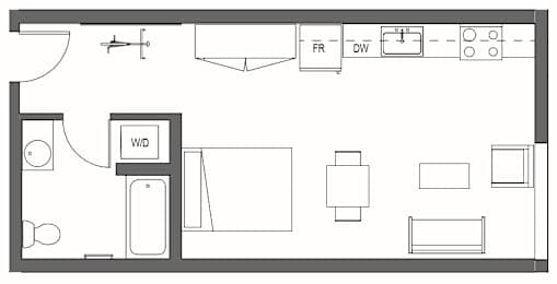 A floor plan of a room with a kitchen area and a bathroom at Decibel on 12th, Seattle, Washington