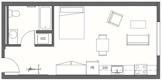 A floor plan of a room with a kitchen area, a living room, and a bathroom at Decibel on 12th, Seattle, Washington
