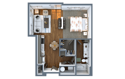 A top-down view of a small apartment with a kitchen, living room, and bathroom.
