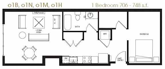 Floor Plan  A black and white image of an open one bedroom apartment layout.