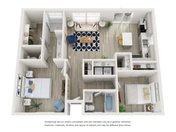 2 Bed 2 Bath Floor Plan at Village of Chandler Apartments, Arizona