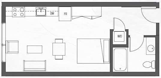Floor Plan  A floor plan of a room with a kitchen area, a living room, and a bathroom.