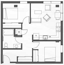 Floor Plan  A floor plan of two bedroom apartment with living room, kitchen and bathroom
