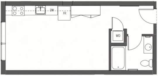 Floor Plan  A floor plan of a room with a kitchen area and a living room area.