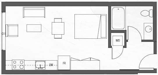 Floor Plan  A floor plan of a room with a kitchen area, a living room, and a bathroom.