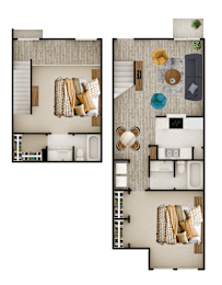 A floor plan of a two-story apartment with a living room, kitchen, and bedrooms.