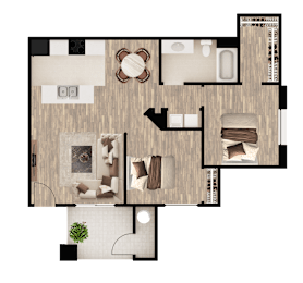 A floor plan of a house with a living room, kitchen, and two bedrooms.