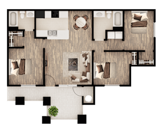 A top-down view of a house layout with a living room, kitchen, and dining area.