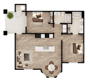 A top-down view of a house layout with a living room, kitchen, and dining area.
