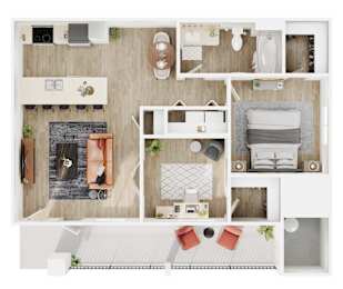 A top-down view of a well-organized apartment with a living area, kitchen, and bedroom.