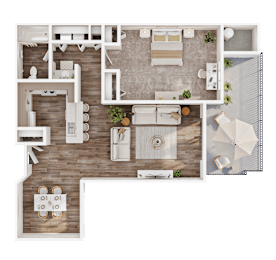 A top-down view of a modern apartment layout with a kitchen, living room, and dining area.