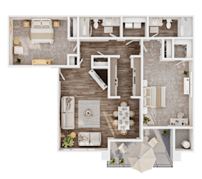 A top-down view of a house layout with a dining area, kitchen, and living room.