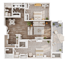 A top-down view of a modern, minimalist living space with a central open-plan layout.