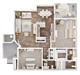A top-down view of a house layout with a kitchen, living room, dining area, and bathrooms.
