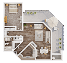 A top-down view of a house layout with a living room, kitchen, and two bedrooms.