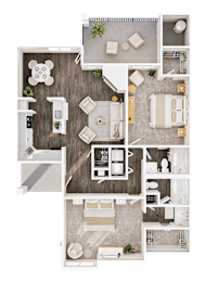 A top-down view of a house layout with a living room, kitchen, dining area, and bedrooms.