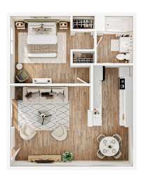 A top-down view of a well-organized room with a bed, a couch, a dining table, and a kitchen area.