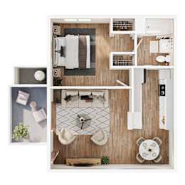 A top-down view of a modern, minimalist living space with a dining area and kitchen.